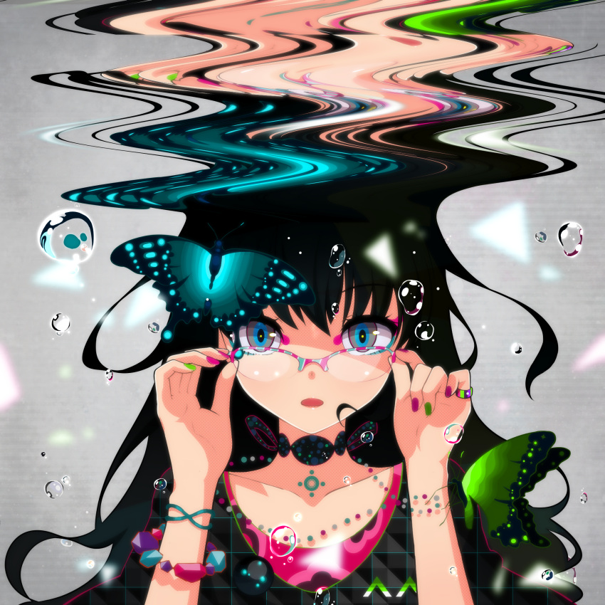 1girl :o adjusting_glasses air_bubble black_hair blue_eyes bracelet butterfly glasses highres jewelry long_hair looking_at_viewer multicolored_nail_polish nail_polish necklace original ram_(ramlabo) ring solo underwater
