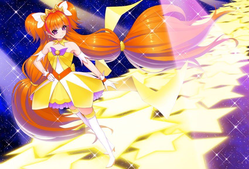 1girl absurdly_long_hair amane_satsuki amanogawa_kirara boots brooch brown_hair cure_twinkle earrings full_body gloves go!_princess_precure hand_on_hip jewelry long_hair low-tied_long_hair magical_girl multicolored_hair precure quad_tails redhead skirt smile solo sparkle standing star star_earrings streaked_hair thigh-highs thigh_boots twintails two-tone_hair very_long_hair violet_eyes white_boots white_gloves yellow_skirt