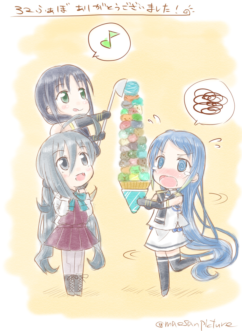 &gt;:o 3girls :d :o :p @_@ ahoge bangs black_legwear blue_eyes blue_hair blush bowtie elbow_gloves flying_sweatdrops food gloves gradient_hair green_eyes grey_eyes grey_hair hair_between_eyes hair_ornament hair_ribbon highres holding holding_food ice_cream ice_cream_cone kantai_collection kiyoshimo_(kantai_collection) long_hair long_sleeves looking_up low_twintails mae_(maesanpicture) multicolored_hair multiple_girls musical_note one_leg_raised open_mouth pantyhose pleated_skirt quaver ribbon samidare_(kantai_collection) school_uniform serafuku shirt skirt sleeveless sleeveless_shirt smile speech_bubble spoken_musical_note spoken_squiggle spoon squiggle suzukaze_(kantai_collection) swept_bangs thigh-highs tongue tongue_out too_many_scoops twintails twitter_username very_long_hair zettai_ryouiki