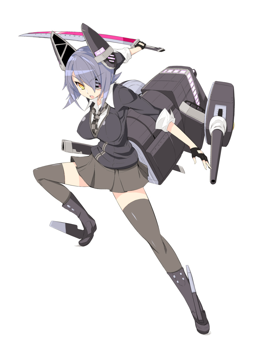 &gt;:o 1girl :o bangs black_boots black_gloves blush boots breasts cardigan checkered_necktie collarbone collared_shirt eyepatch fingerless_gloves full_body gloves grey_legwear grey_skirt hair_between_eyes headgear highres holding holding_sword holding_weapon impossible_clothes kantai_collection large_breasts machinery miniskirt necktie open_mouth purple_hair shirt short_hair simple_background skirt solo sword tenryuu_(kantai_collection) thighhighs turret wasanbon_(atwazooka) weapon white_background white_shirt yellow_eyes zettai_ryouiki