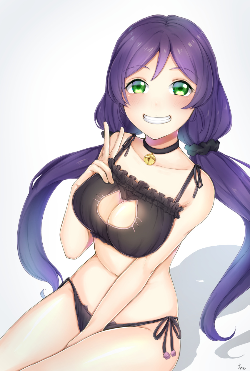1girl breasts cat_cutout cat_keyhole_bra cat_lingerie cleavage green_eyes highres long_hair looking_at_viewer love_live!_school_idol_project low_twintails mizuiro_32 purple_hair smile solo toujou_nozomi twintails underwear
