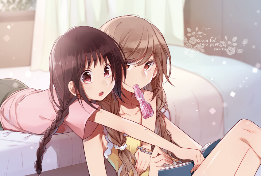 2girls bed bed_sheet bedroom black_hair book brown_hair couple curtains futaribeya kawawa_sakurako long_hair multiple_girls open_mouth pen tagme twintails window yamabuki_kasumi yukinokoe yuri