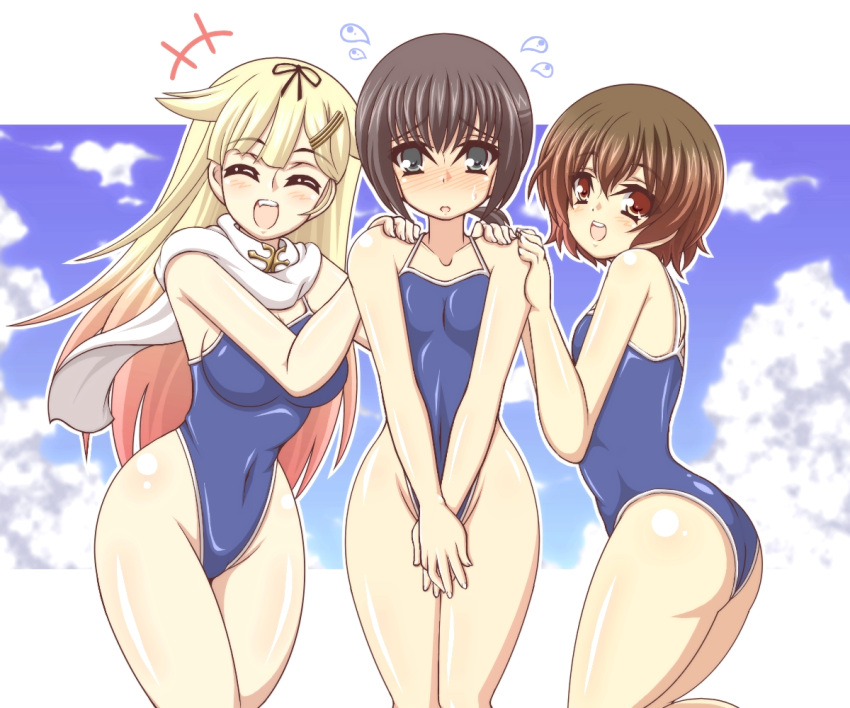 3girls ass black_hair blonde_hair brown_eyes brown_hair closed_eyes competition_school_swimsuit covering covering_crotch embarrassed fubuki_(kantai_collection) green_eyes kano-0724 kantai_collection multiple_girls mutsuki_(kantai_collection) remodel_(kantai_collection) scarf school_swimsuit short_hair swimsuit yuudachi_(kantai_collection)