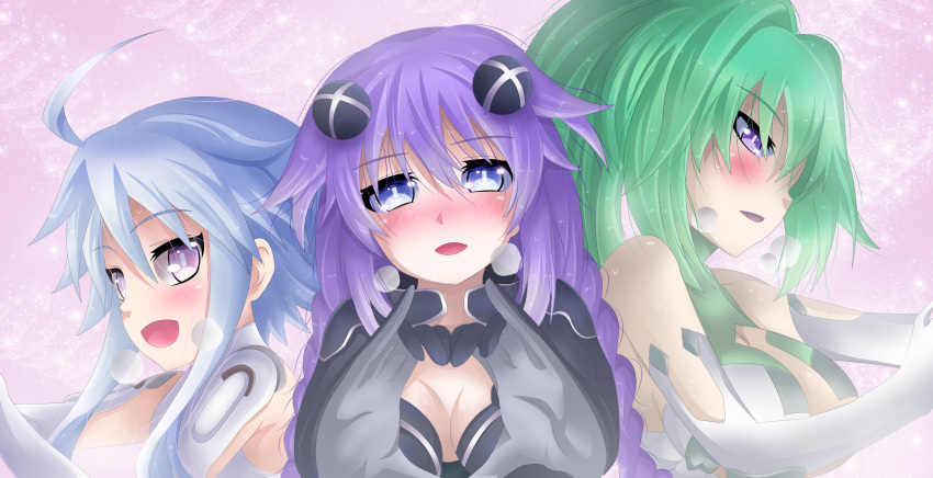ahoge blanc blue_eyes blue_hair blush braid breasts cleavage elbow_gloves gloves green_hair green_heart hair_ornament heart heart_hands highres large_breasts long_hair looking_at_viewer multiple_girls neptune_(choujigen_game_neptune) neptune_(series) open_mouth planeptune ponytail power_symbol purple_hair purple_heart red_eyes short_hair_with_long_locks sidelocks smile symbol-shaped_pupils twin_braids vert very_long_hair violet_eyes white_heart