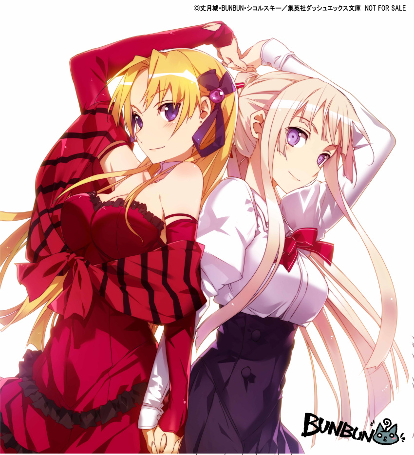 2girls absurdres arm_up artist_name bangs blonde_hair blue_eyes breasts bunbun campione! character_request chronicle_legion cleavage detached_collar detached_sleeves dress dutch_angle earrings erica_blandelli from_side hair_ribbon highres holding_hands interlocked_fingers jewelry looking_at_viewer mole mole_under_eye multiple_girls parted_bangs ponytail red_dress ribbon sidelocks simple_background smile strapless_dress white_background