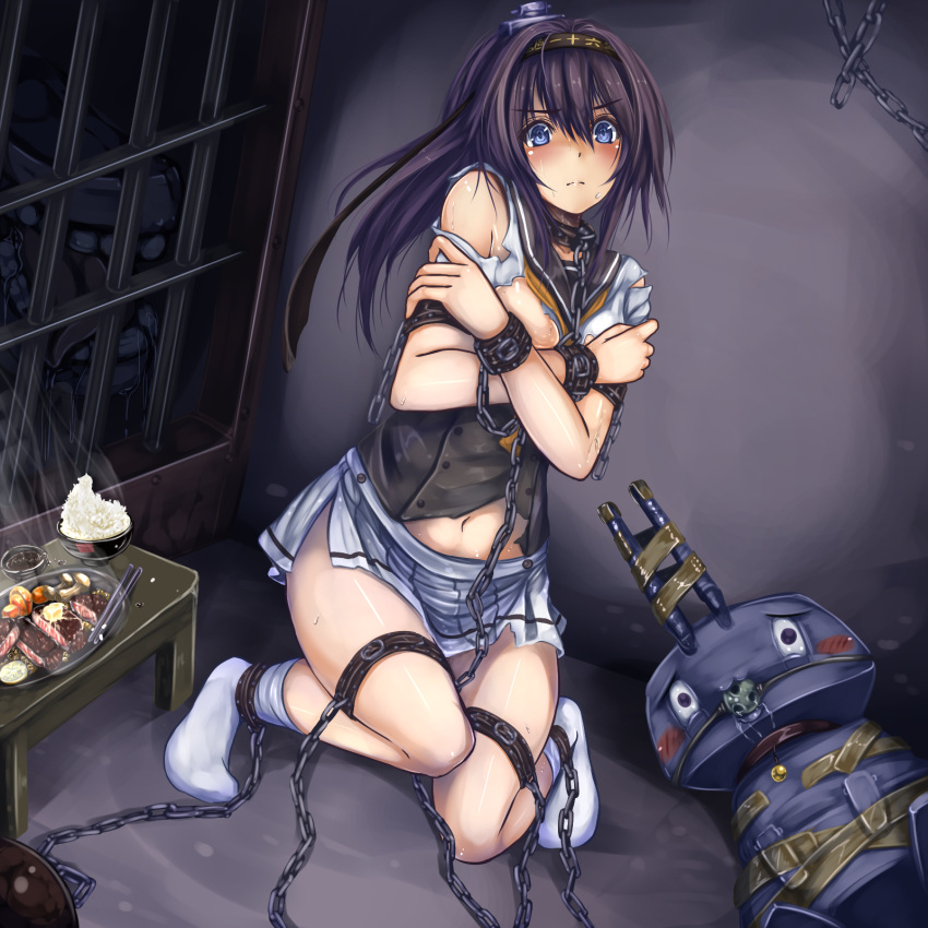Safebooru - 1girl akizuki (kantai collection) ball gag blue eyes chain  chained chopsticks chou-10cm-hou-chan covering covering breasts crossed  arms drooling fish food fruit gag gagged highres kantai collection  kneehighs lemon looking at