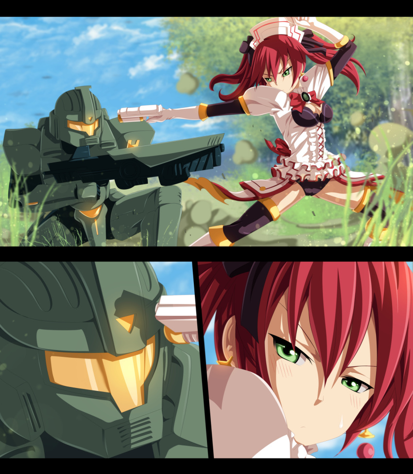 blush bow breasts cave_(choujigen_game_neptune) cleavage comic earrings fighting_stance gloves grass green_eyes gun hair_ornament highres jewelry neptune_(series) planeptune power_armor redhead rifle short_hair sweatdrop tree twintails weapon