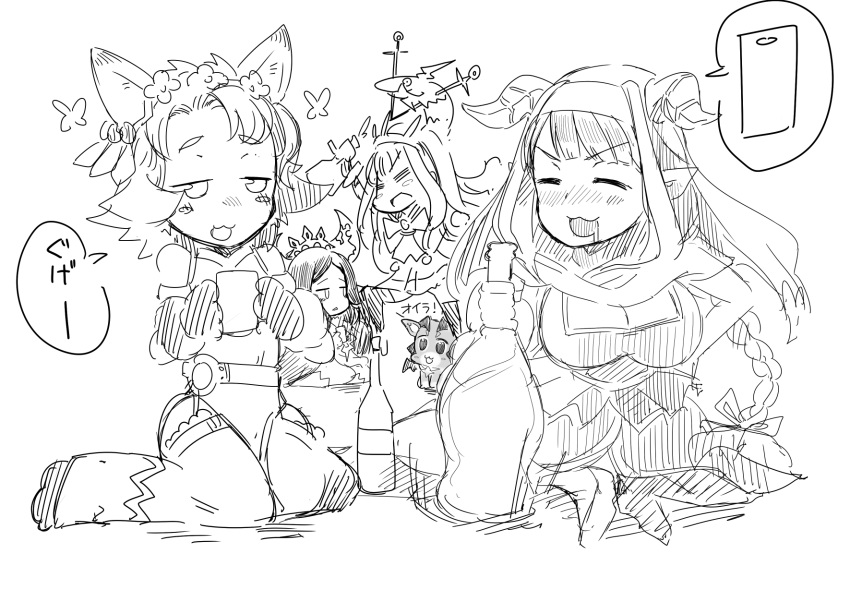 4girls =_= animal_ears arulumaya blush breasts butterfly cagliostro_(granblue_fantasy) cat_ears cellphone cleavage commentary_request crescent drunk flower granblue_fantasy habit hair_flower hair_ornament hat highres horns large_breasts long_hair melleau monochrome multiple_girls nose_blush nun phone pointy_ears rumredda sitting smartphone speech_bubble spoken_object vee_(granblue_fantasy) wasanbon_(atwazooka)