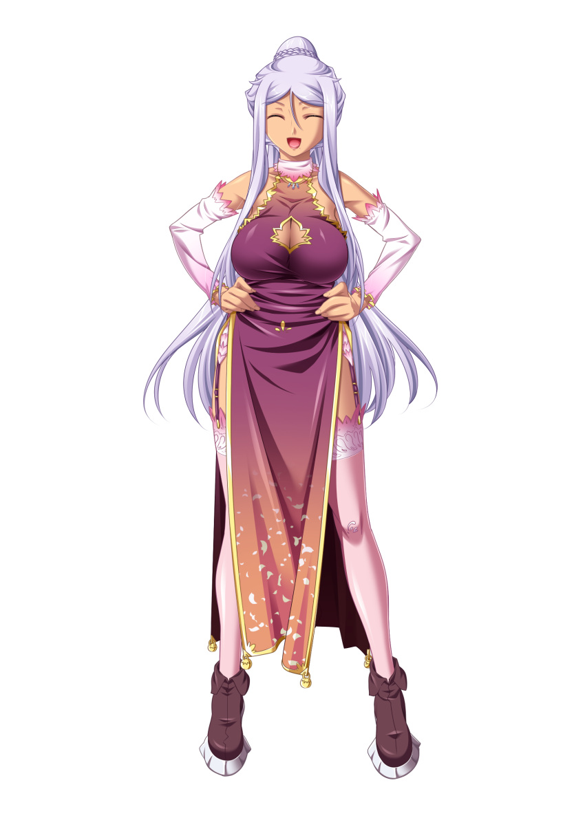 1girl boots breasts china_dress chinese_clothes cleavage cleavage_cutout closed_eyes detached_sleeves dress garter_belt garter_straps hands_on_hips highres hikage_eiji koihime_musou kougai large_breasts long_hair official_art open_mouth ponytail silver_hair smile solo standing thigh-highs transparent_background very_long_hair