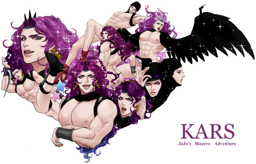 1boy abs blade braid character_name copyright_name earrings feathered_wings feathers ginjoo_(ginjo_1116) headdress horns jewelry jojo_no_kimyou_na_bouken kars_(jojo) long_hair multiple_persona muscle nude purple_hair shin_guards sparkle tongue tongue_out violet_eyes wings wristband