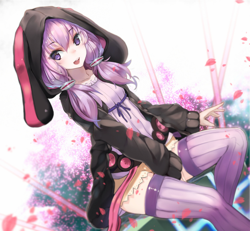 1girl animal_ears blurry depth_of_field ganida_boushoku hair_ornament highres hooded_jacket hoodie long_hair looking_at_viewer open_mouth purple_hair solo thigh-highs twintails violet_eyes vocaloid voiceroid yuzuki_yukari