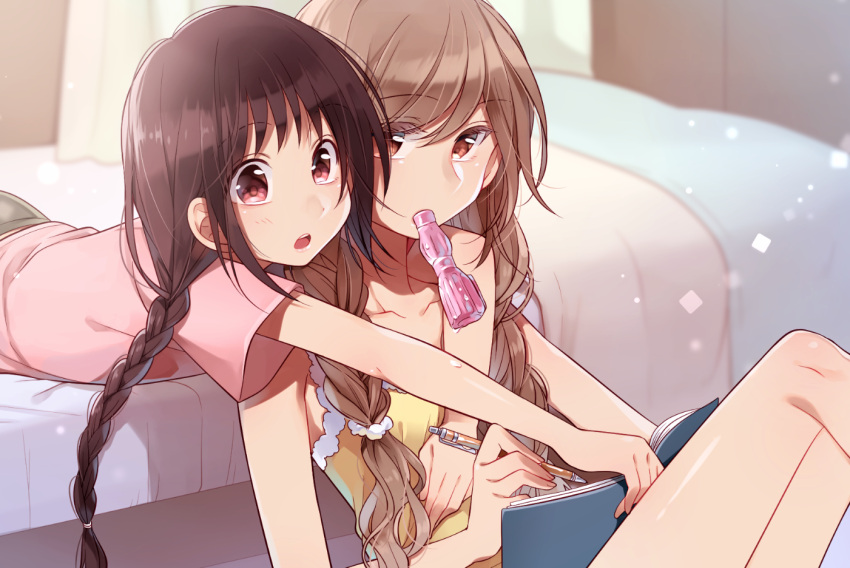 2girls bed bed_sheet bedroom black_hair book brown_hair couple curtains futaribeya kawawa_sakurako long_hair multiple_girls open_mouth pen tagme twintails window yamabuki_kasumi yukinokoe yuri