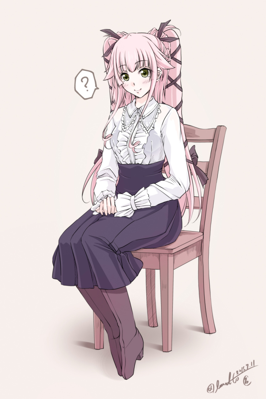 1girl 2015 ? alternate_costume alternate_hairstyle blush boots chair dated dress green_eyes hair_flaps hair_ornament hair_ribbon highres kantai_collection knee_boots long_hair long_sleeves looking_at_viewer pink_hair ponytail ribbon shirt simple_background sitting skirt smile solo speech_bubble spoken_question_mark tsukineko twintails twitter_username very_long_hair virgin_killer_outfit yura_(kantai_collection)