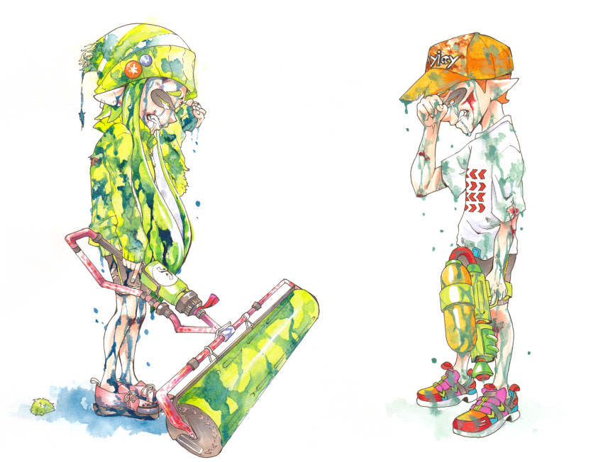 1boy 1girl badge beanie button_badge domino_mask hat highres inkling kumicho long_hair mask paint_roller pointy_ears shoes simple_background sneakers splatoon super_soaker tears tentacle_hair