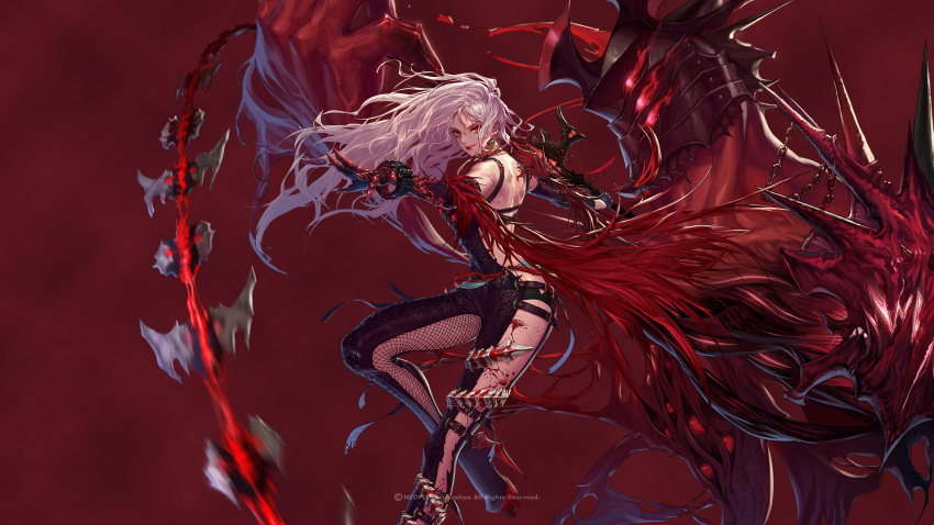 1girl armor blood bodysuit dungeon_and_fighter female_slayer_(dungeon_and_fighter) fishnets hanaboo high_heels highres long_hair platform_footwear smile solo whip_sword