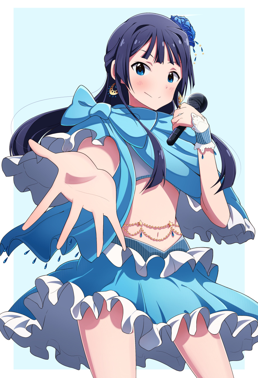 1girl absurdres black_hair blue_eyes dress highres idolmaster idolmaster_million_live! long_hair looking_at_viewer microphone mogami_shizuka outstretched_arm smile solo wkdnlwoddl