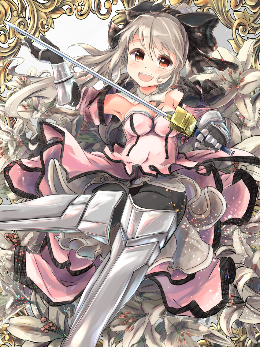 1girl :d absurdres armored_boots bare_shoulders black_gloves blush bow breasts brown_eyes brown_hair cleavage elbow_gloves fate/kaleid_liner_prisma_illya fate_(series) flower gauntlets gloves hair_between_eyes hair_bow highres illyasviel_von_einzbern lily_(flower) long_hair looking_at_viewer open_mouth ponytail saber saber_lily smile solo sword taki_(takimon) weapon