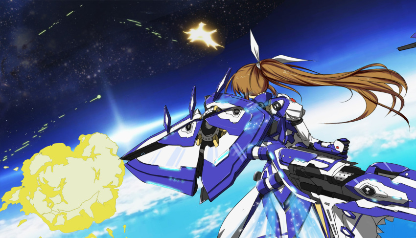 1girl explosion female flying from_behind highres long_hair lyrical_nanoha mahou_senki_lyrical_nanoha_force ponytail solo space takamachi_nanoha tianyu_jifeng