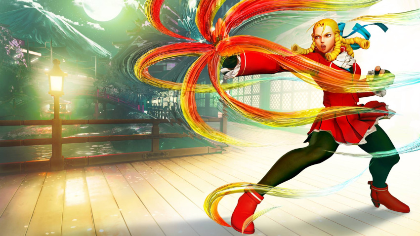 1girl antenna_hair architecture black_legwear blonde_hair brown_eyes dress east_asian_architecture fingerless_gloves gloves high_heels highres kanzuki_karin moon official_art open_mouth pantyhose red_dress red_shoes ringlets shoes solo street_fighter street_fighter_v