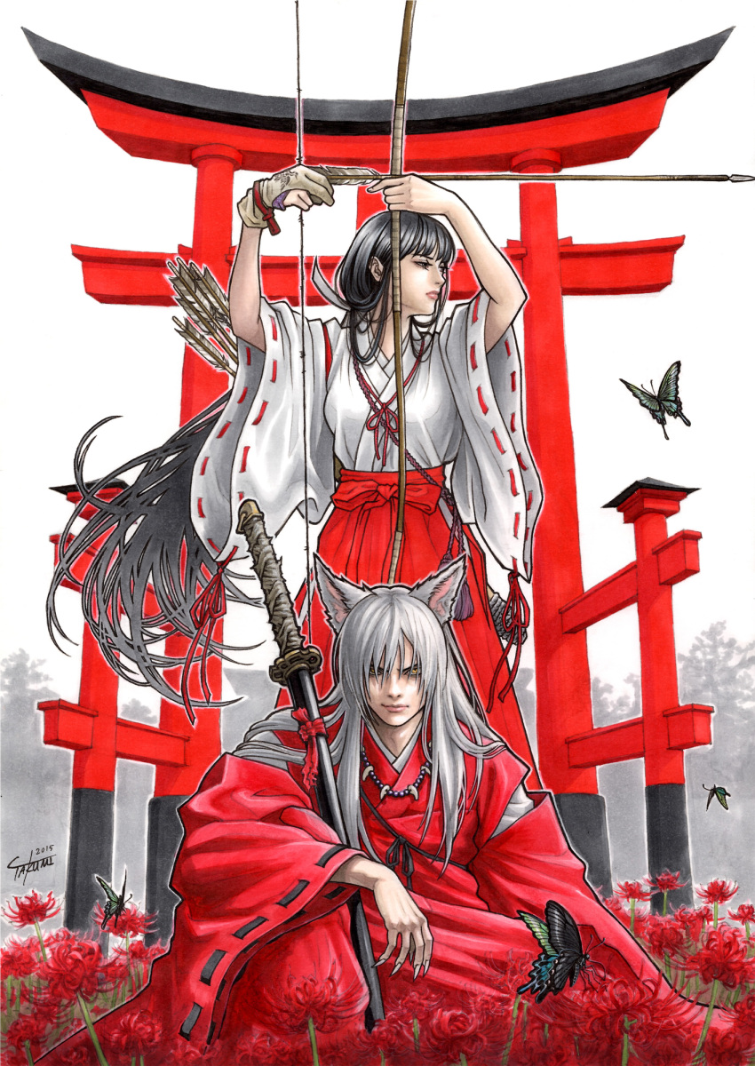 1boy 1girl animal_ears arrow bangs black_hair bow_(weapon) butterfly dog_ears fingernails flower gate hair_over_eyes hakama highres holding_weapon inuyasha inuyasha_(character) japanese_clothes jewelry kikyou_(inuyasha) long_hair looking_at_viewer low_ponytail miko necklace ponytail ribbon-trimmed_sleeves ribbon_trim rope sharp_fingernails signature single_glove spider_lily standing sword takumi_(marlboro) tasuki torii weapon white_hair wide_sleeves