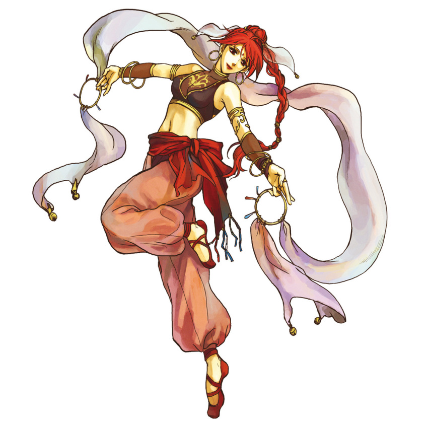 1girl bare_shoulders bracelet breasts brown_hair cleavage closed_mouth crop_top dancer dancing earrings facial_mark female fire_emblem fire_emblem:_seima_no_kouseki forehead_mark full_body gold_trim highres hoop_earrings jewelry lips lipstick long_hair looking_at_viewer medium_breasts midriff navel no_socks official_art one_leg_raised red_eyes red_hair red_lips redhead sash see-through simple_background sleeveless smile solo tethys wada_sachiko white_background