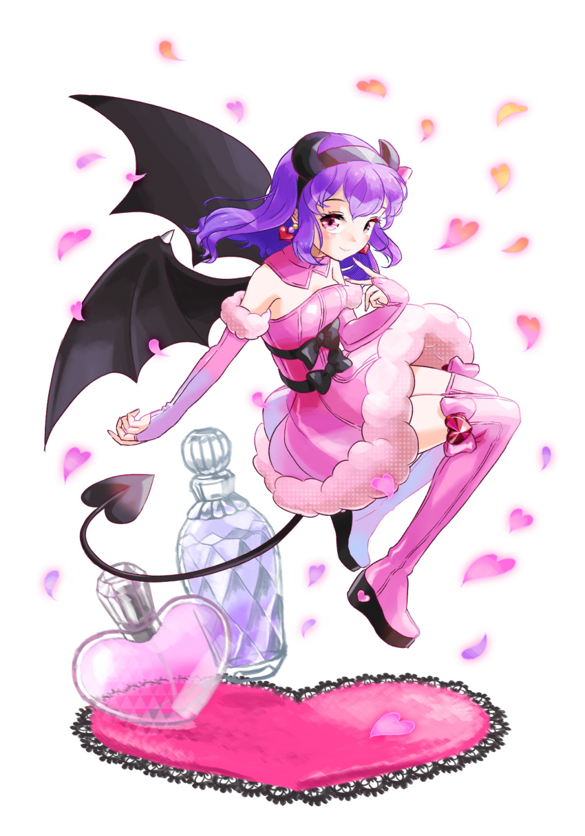 1girl arm_warmers avarita_(otoca_doll) bat_wings black_bow boots bottle bow bridal_gauntlets demon_tail detached_collar earrings hairband heart heart_earrings highres horns jewelry nail_polish nekomissile otoca_doll pink_boots pink_bow pink_eyes pink_nails pink_skirt purple_hair short_hair skirt smile solo tail thigh-highs thigh_boots white_background wings