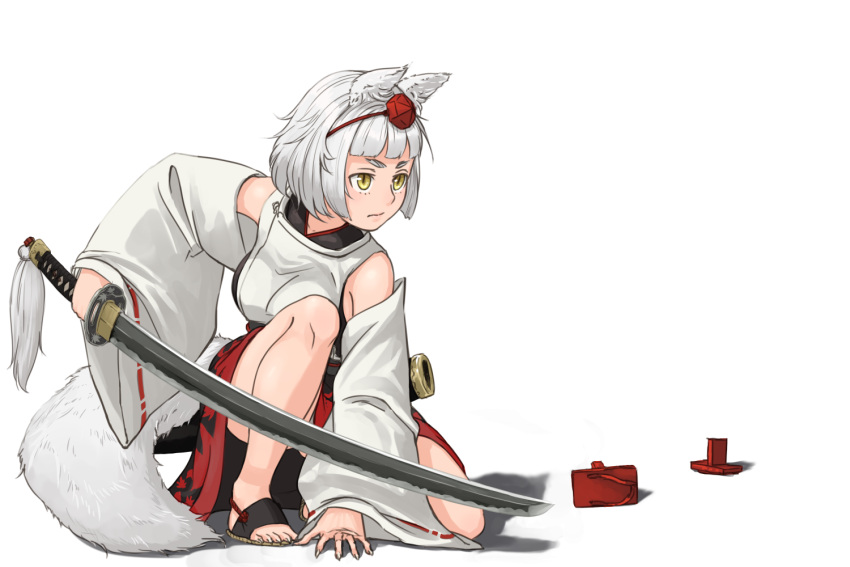 1girl animal_ears bare_shoulders detached_collar geta hat hat_ribbon inubashiri_momiji katana kitano_(kitanosnowwhite) long_sleeves ribbon shirt silver_hair skirt solo squatting sword tail tokin_hat touhou weapon wide_sleeves wolf_ears wolf_tail yellow_eyes