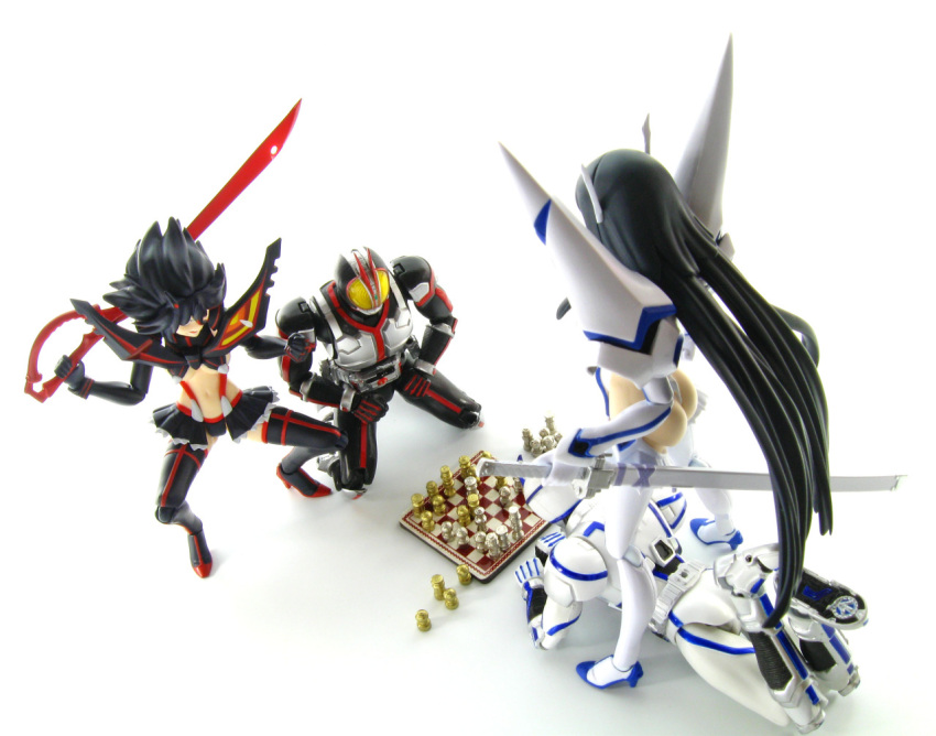 2boys 2girls board_game chess chessboard crossover female figma figure kamen_rider kamen_rider_555 kamen_rider_faiz kamen_rider_psyga katana kill_la_kill kiryuuin_satsuki male matoi_ryuuko multiple_boys multiple_girls photo scissor_blade sword tumblr weapon