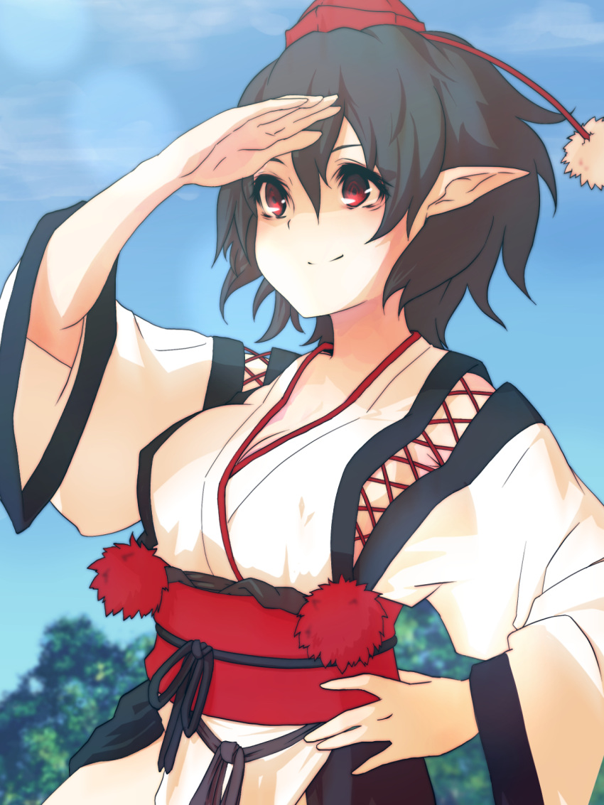 1girl arm_up black_hair breasts cleavage hand_on_hip hat highres japanese_clothes kourindou_tengu_costume long_sleeves nuqura obi pointy_ears pom_pom_(clothes) red_eyes sash shading_eyes shameimaru_aya short_hair smile solo string tokin_hat touhou upper_body wide_sleeves