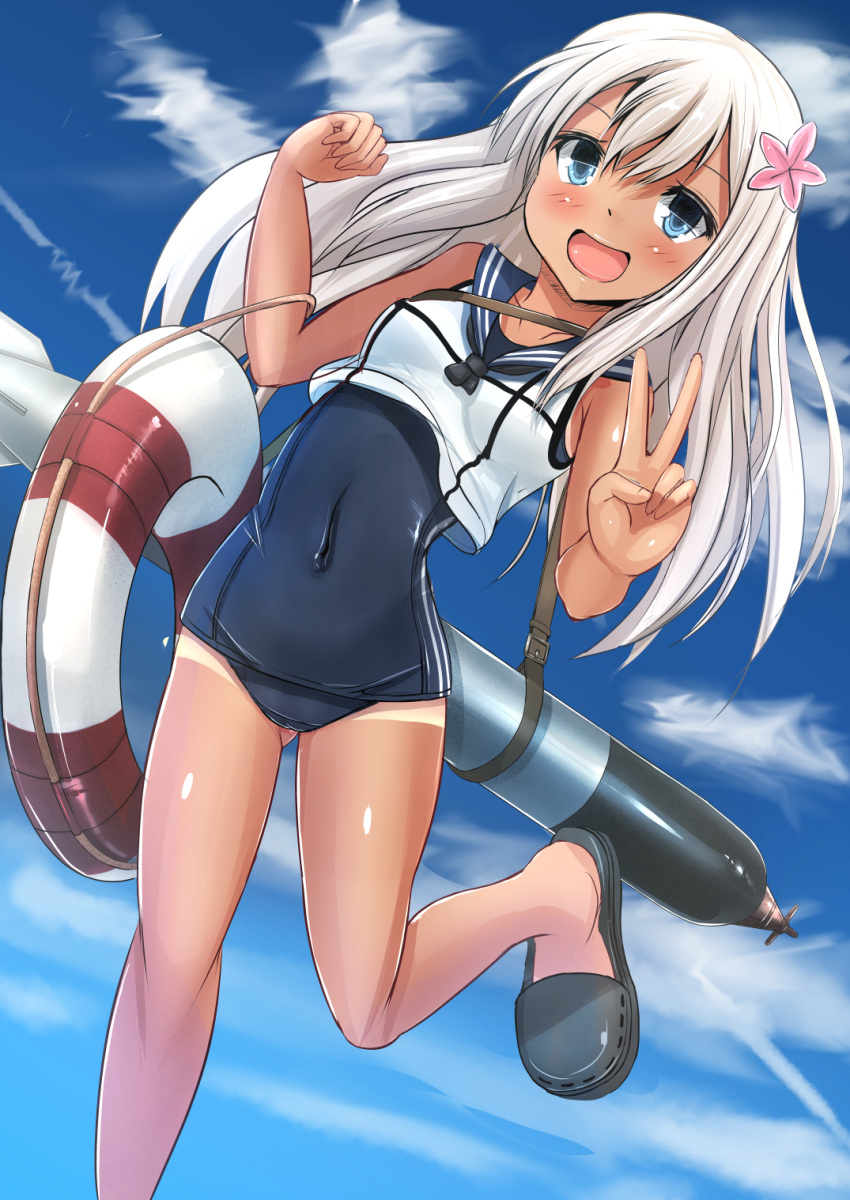 1girl blonde_hair blue_eyes crop_top flower hair_flower hair_ornament highres kantai_collection lifebuoy long_hair one-piece_tan ro-500_(kantai_collection) sailor_collar school_swimsuit sukesan swimsuit swimsuit_under_clothes tan tanline torpedo v