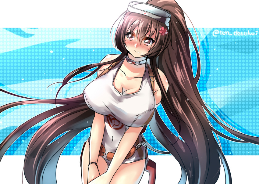 1girl blush breasts brown_eyes brown_hair embarrassed juurouta kantai_collection large_breasts long_hair looking_to_the_side maru-yu_(kantai_collection) maru-yu_(kantai_collection)_(cosplay) one-piece_swimsuit ponytail solo swimsuit v_arms very_long_hair wavy_mouth white_swimsuit yamato_(kantai_collection)