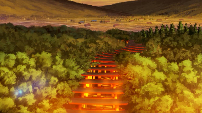 blurry fushimi_inari_taisha highres hill house landscape lens_flare niko_p no_humans original scenery sky sunset torii tree