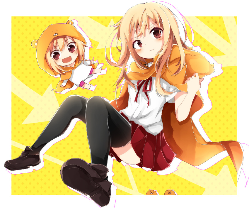 1girl :d :| animal_costume black_legwear blonde_hair blush brown_eyes chibi doma_umaru dual_persona hamster hamster_costume highres himouto!_umaru-chan hood long_hair looking_at_viewer multiple_girls open_mouth pleated_skirt polka_dot polka_dot_background red_eyes red_skirt shirt skirt smile thigh-highs tosura-ayato white_shirt