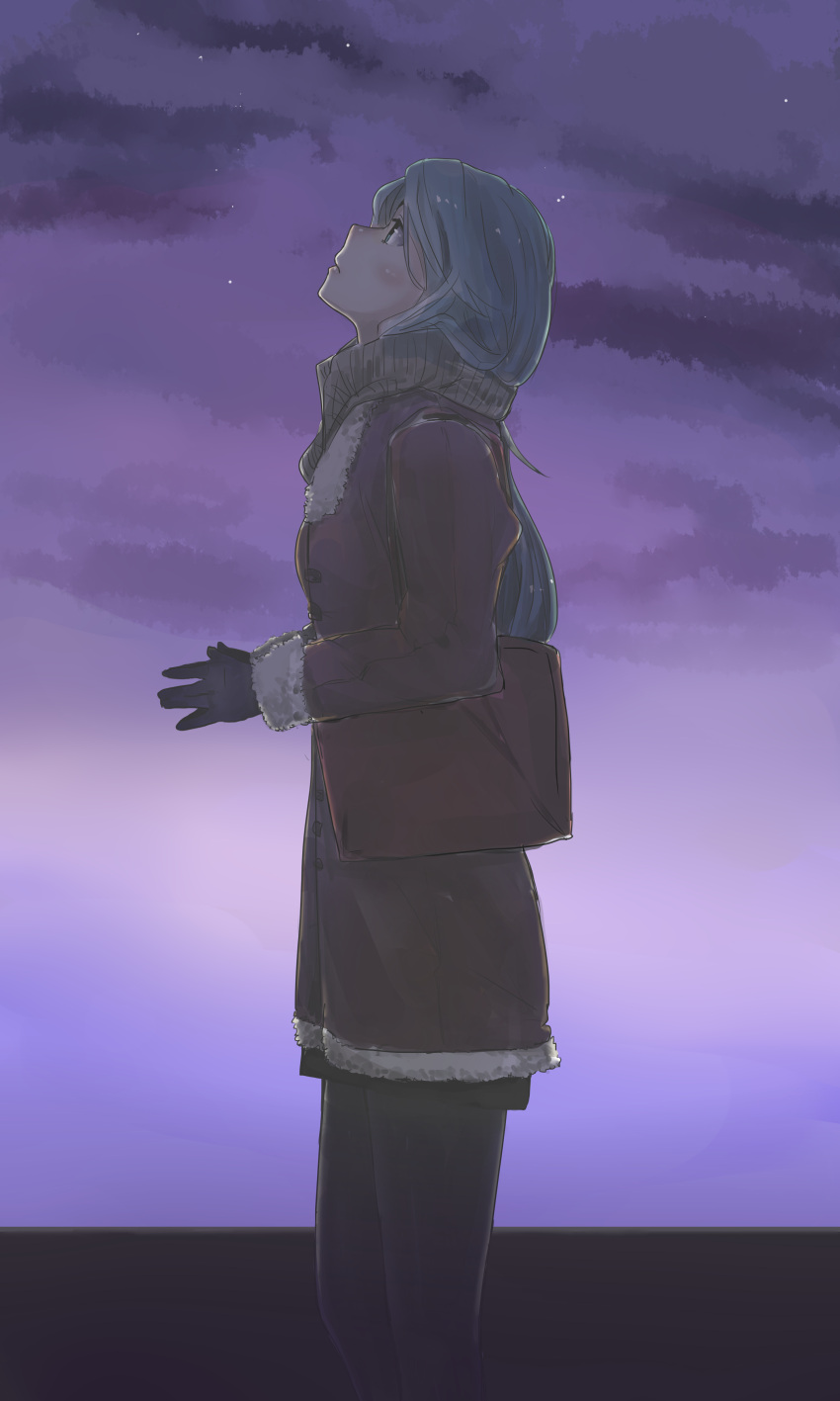 1girl absurdres artist_request blue_hair blush clouds fur-trimmed_sleeves gloves hatsune_miku highres looking_up pantyhose sky solo star vocaloid