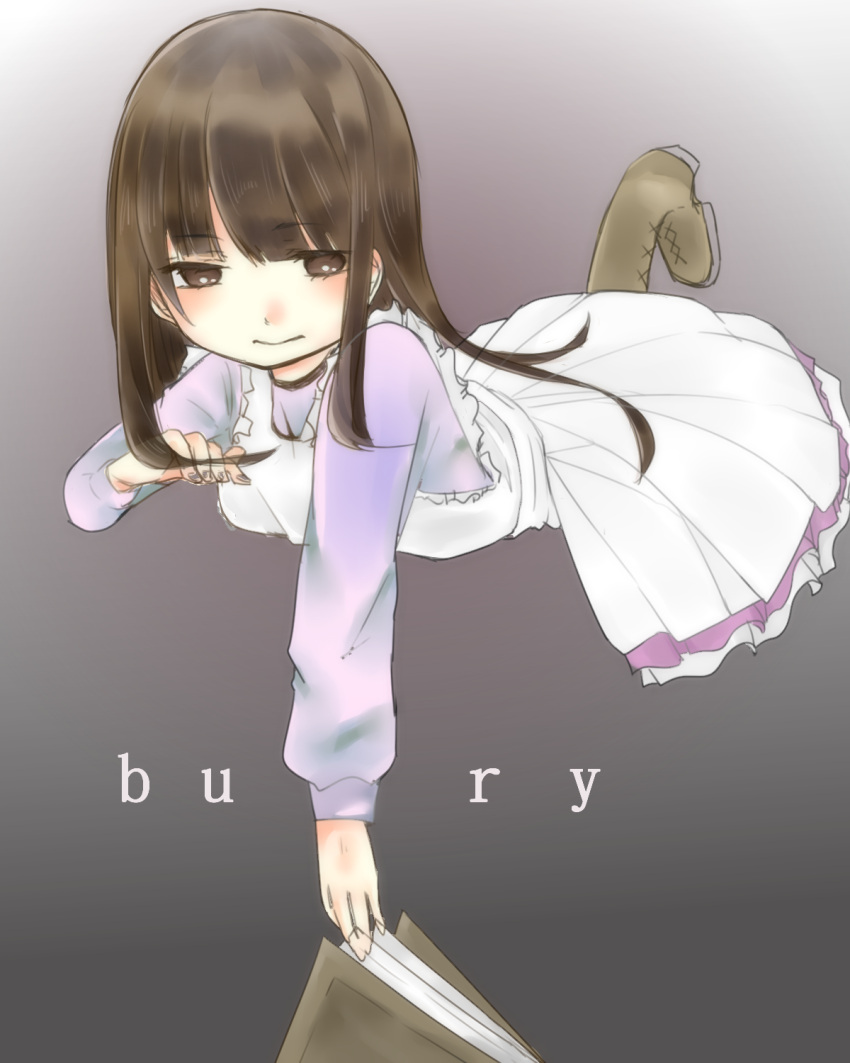 1girl apron artist_request bangs blush book boots brown_eyes brown_hair bury coco_(bury) copyright_name dress highres holding looking_at_viewer sidelocks solo