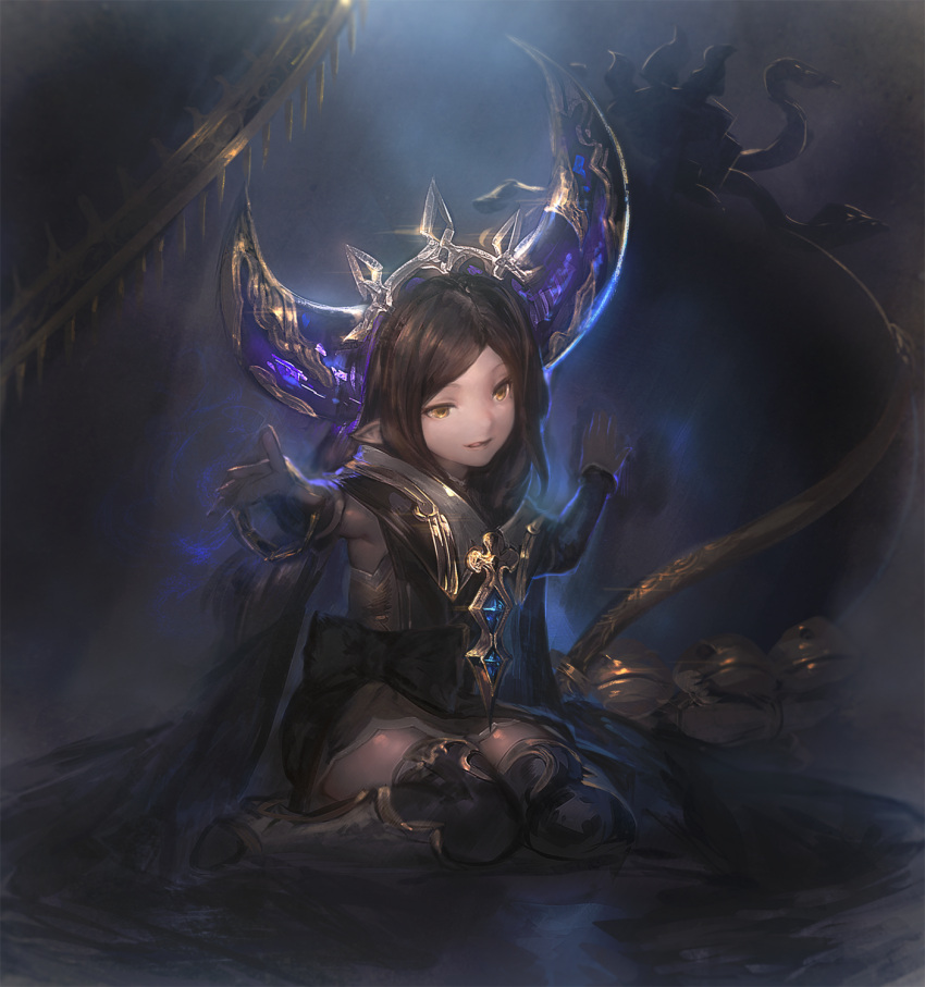 1girl aos_libido arulumaya bangs black_hair black_legwear brown_eyes commentary_request crescent crescent_hair_ornament detached_sleeves granblue_fantasy hair_ornament headgear highres horns long_hair mole mole_under_eye open_mouth parted_bangs parted_lips pointy_ears sitting smile solo thigh-highs wariza