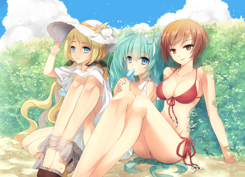 3girls alternate_hairstyle aqua_hair bikini blonde_hair blue_eyes bracelet breasts brown_eyes brown_hair bush ceru clouds dress food_in_mouth hand_on_headwear hat hatsune_miku high_heels jewelry large_breasts lily_(vocaloid) long_hair looking_at_viewer meiko multiple_girls popsicle red_bikini ribbon shell short_hair sitting sky smile summer sun_hat sundress swimsuit transparent twintails vocaloid white_dress