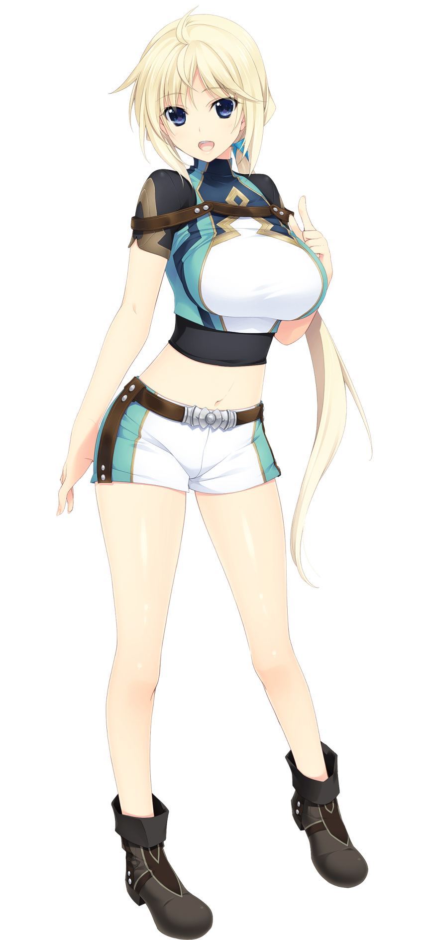 1girl absurdres blonde_hair blue_eyes breasts canon_rukusana casual highres iizuki_tasuku large_breasts long_hair looking_at_viewer low_ponytail seikishi_melty_lovers shoes shorts simple_background smile solo white_background