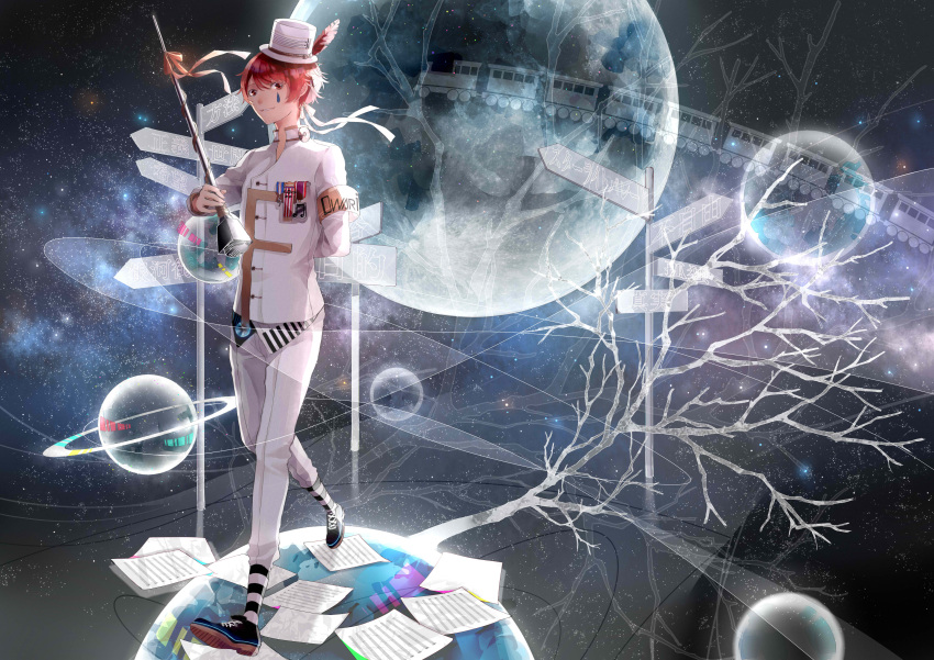 1boy absurdres armband artist_request backlighting baton feathers formal fukase hat highres medal mini_top_hat minirainy_(h2o2) moon redhead road_sign sheet_music sign space speaker suit top_hat train tree_branch vocaloid walking