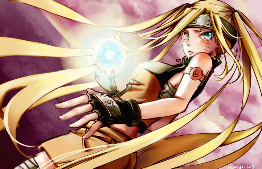 1girl blonde_hair blue_eyes fingerless_gloves forehead_protector gloves highres konohagakure_symbol long_hair naruko naruto rasengan solo whisker_markings