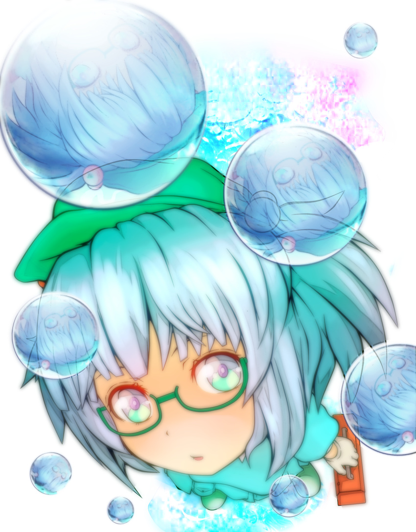 1girl :o aqua_hair backpack bag bespectacled blue_eyes blue_hair boots bubble engineer from_above glasses green-framed_glasses green_boots hair_bobbles hair_ornament hat highres kawashiro_nitori looking_at_viewer machi_no_dakashiya open_mouth puffy_short_sleeves puffy_sleeves reflection semi-rimless_glasses short_sleeves simple_background smile solo toolbox touhou two_side_up under-rim_glasses water_droplets
