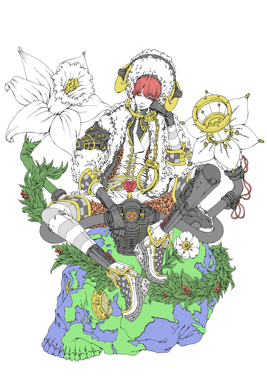 1boy ;) artist_request cuffs engine flat_color flower fukase handcuffs head_wreath highres hoodie horns indian_style lily_(flower) male_focus one_eye_closed red_eyes redhead sheep_horns sitting skull smile solo vocaloid