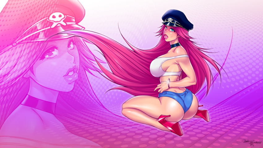 1girl ass blue_eyes breasts denim denim_shorts final_fight hat high_heels large_breasts long_hair looking_at_viewer looking_back melkor_mancin midriff peaked_cap pink_hair poison_(final_fight) short_shorts shorts solo street_fighter tank_top
