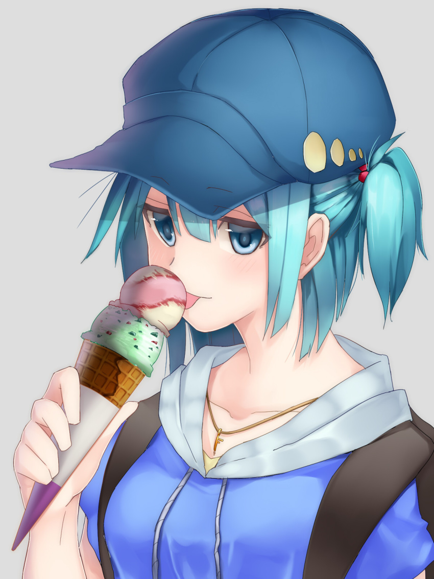 1girl adapted_costume alternate_costume backpack bag blue_eyes blue_hair blush double_scoop dress_shirt eating food green_hair grey_background hair_bobbles hair_ornament hat highres hoodie ice_cream ice_cream_cone jewelry kawashiro_nitori key key_necklace looking_at_viewer necklace shirt short_hair short_sleeves simple_background solo tauta_(meshia8787) tongue tongue_out touhou two_side_up yellow_shirt