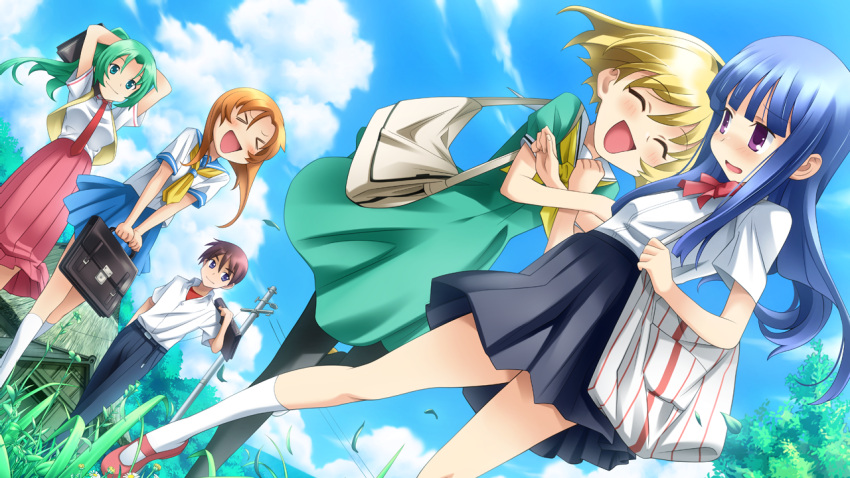 &gt;_&lt; 1boy 4girls :d artist_check blonde_hair blue_eyes blue_hair blush brown_hair closed_eyes clouds embarrassed friends furude_rika grass green_eyes green_hair hairband happy higurashi_no_naku_koro_ni hinamizawa holding_arm houjou_satoko long_hair maebara_keiichi multiple_girls necktie official_art open_mouth ponytail rato ryuuguu_rena sailor_dress school_uniform short_hair sky smile sonozaki_mion tree violet_eyes wind xd