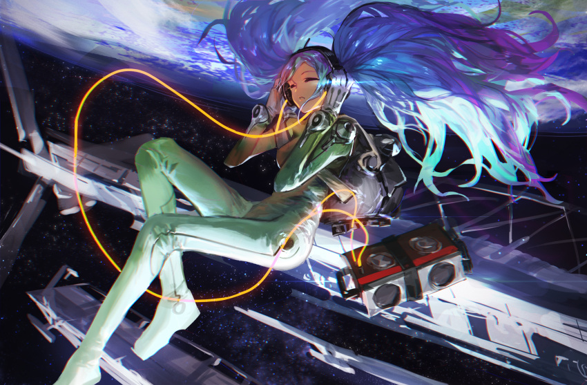 1girl blue_hair closed_eyes clouds daible gloves hands_on_headphones hatsune_miku headphones highres long_hair solo space space_station spacesuit star vocaloid