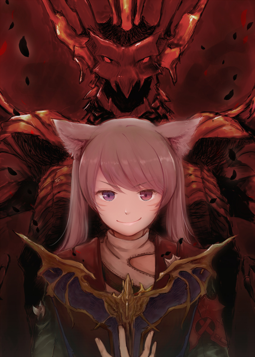 1girl animal_ears bangs book brown_hair cat_ears commentary_request dragon facial_tattoo final_fantasy final_fantasy_xiv heterochromia highres holding holding_book ifrit_(final_fantasy) long_hair long_sleeves looking_at_viewer miqo'te momehara red smile smirk summoner_(final_fantasy) swept_bangs tattoo