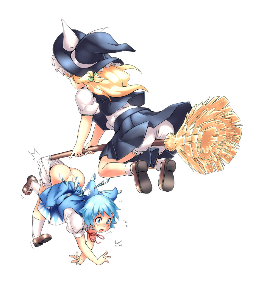 2girls :o ass blonde_hair bloomers bloomers_pull blue_dress blue_eyes blue_hair bow broom broom_riding butt_crack cirno dress hair_bow hat hat_ribbon highres ice ice_wings kirisame_marisa long_hair mary_janes multiple_girls nsio puffy_short_sleeves puffy_sleeves ribbon shoes short_hair short_sleeves simple_background socks surprised touhou transparent_background underwear wings witch_hat