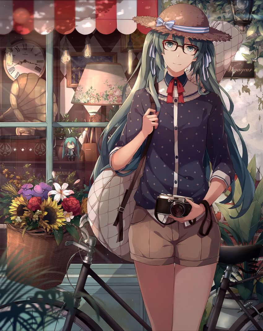 1girl bespectacled bicycle camera clock flower glasses green_eyes green_hair hat hatsune_miku head_tilt highres long_hair metronome ng_(chaoschyan) shorts solo straw_hat twintails vocaloid window