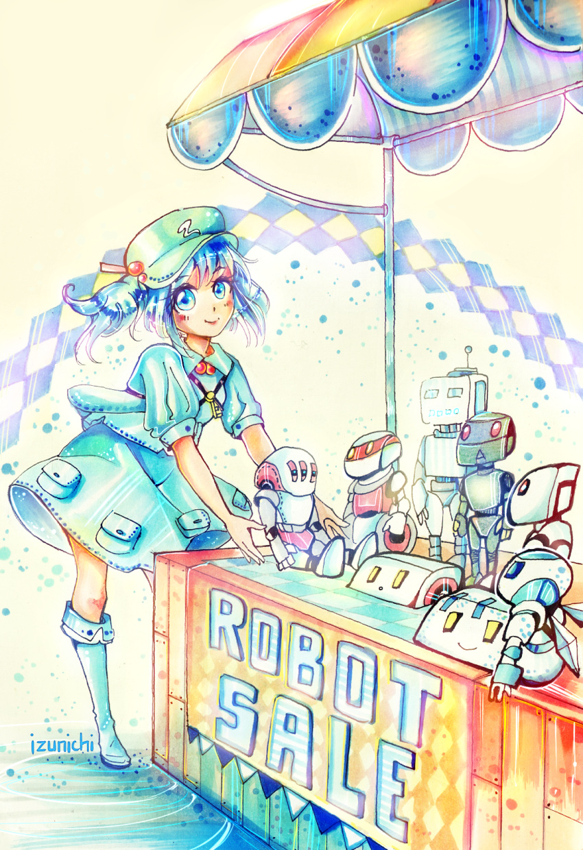 1girl artist_name blue_boots blue_eyes blue_hair blue_jacket blue_skirt blush booth boots cabbie_hat english hair_bobbles hair_ornament hat highres izunichi jacket kawashiro_nitori key_necklace looking_at_viewer ripples robot rubber_boots short_sleeves skirt smile solo tagme touhou two_side_up water